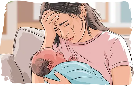 Mãe triste, segurando seu bebê que não dorme direito no colo